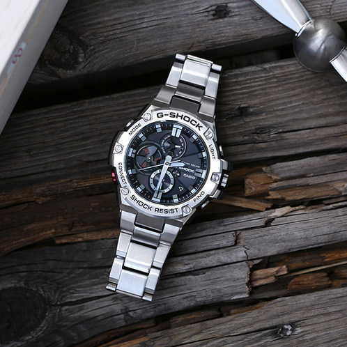 卡西欧手表 G-SHOCK  G-STEEL系列 三针三眼指针式设计表盘 防水防震太阳能蓝牙运动男表GST-B100