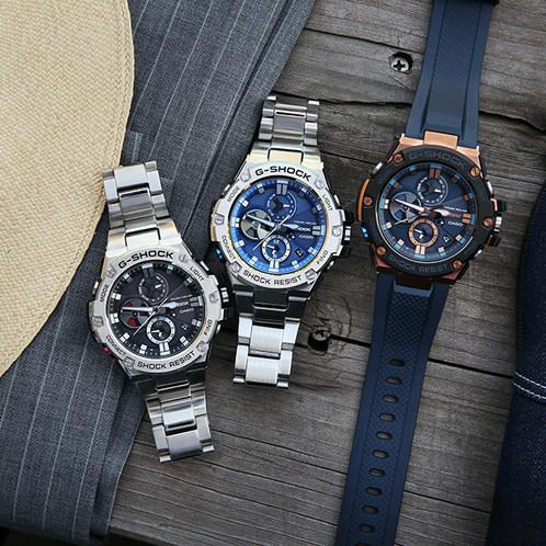 卡西欧手表 G-SHOCK  G-STEEL系列 三针三眼指针式设计表盘 防水防震太阳能蓝牙运动男表GST-B100