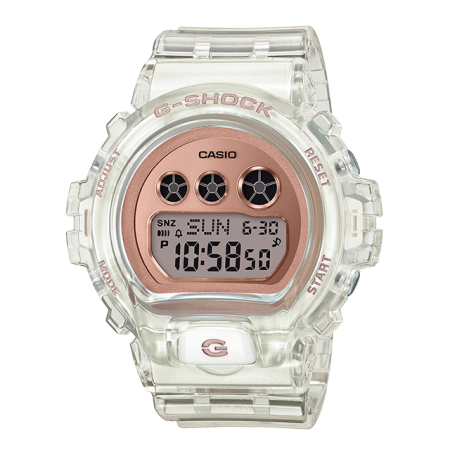 卡西欧手表 G-SHOCK 透明表款 玫瑰金表盘设计 搭配地球仪形状特殊表盒 防水防震运动女表GMD-S6900SR-7PRD