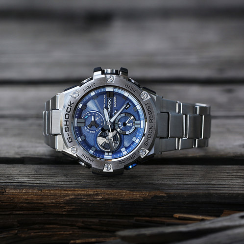 卡西欧手表 G-SHOCK  G-STEEL系列 三针三眼指针式设计表盘 防水防震太阳能蓝牙运动男表GST-B100